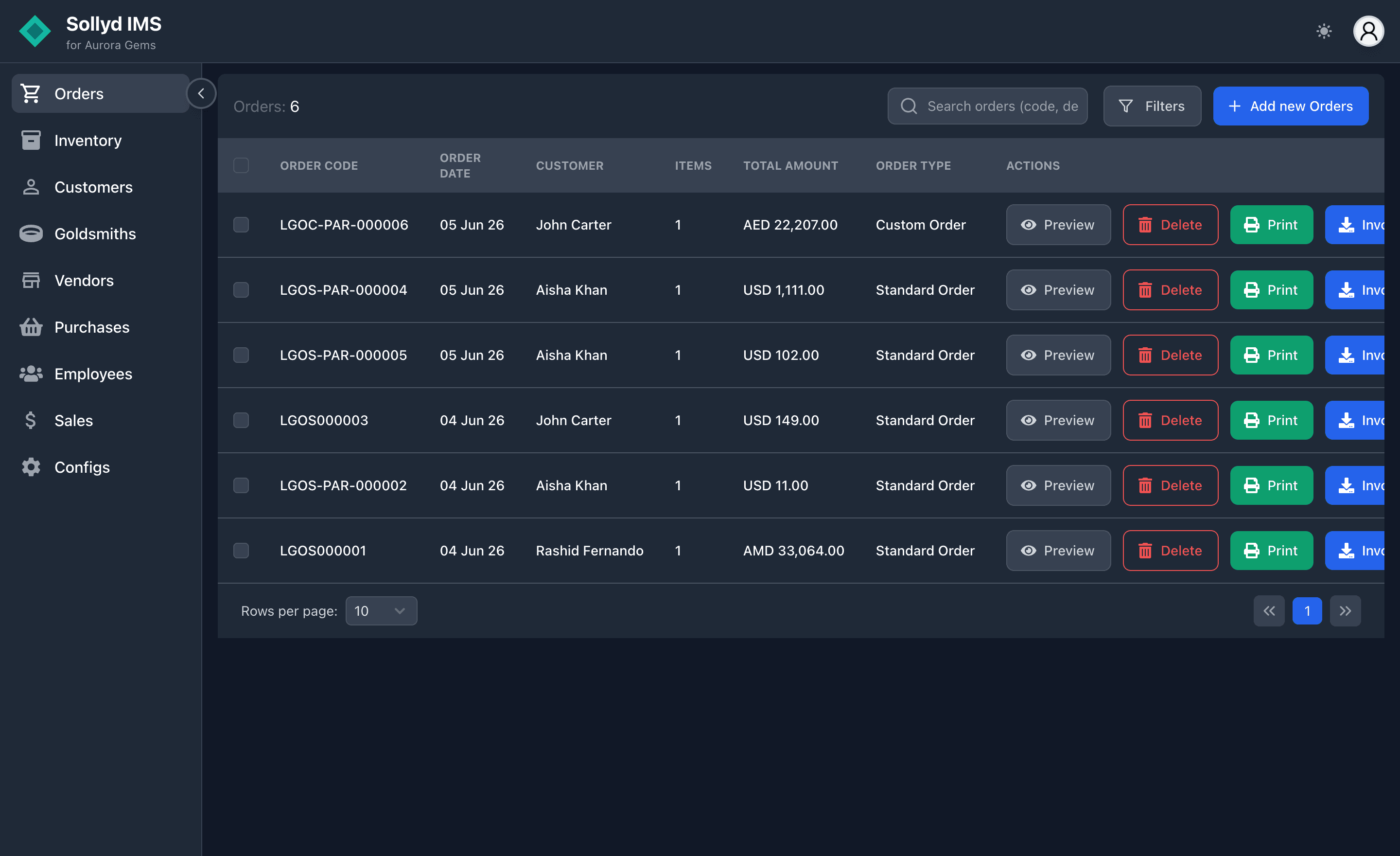 Sollyd IMS orders list with invoicing, multi-currency totals and print